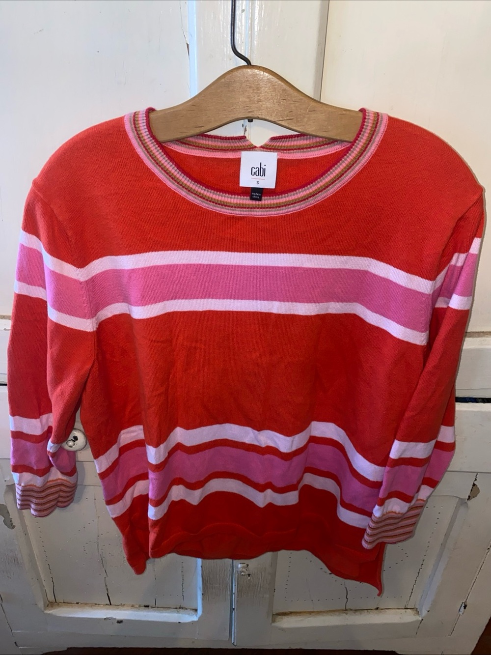 CAbi Striped Crewneck Sweater in Red and Pink